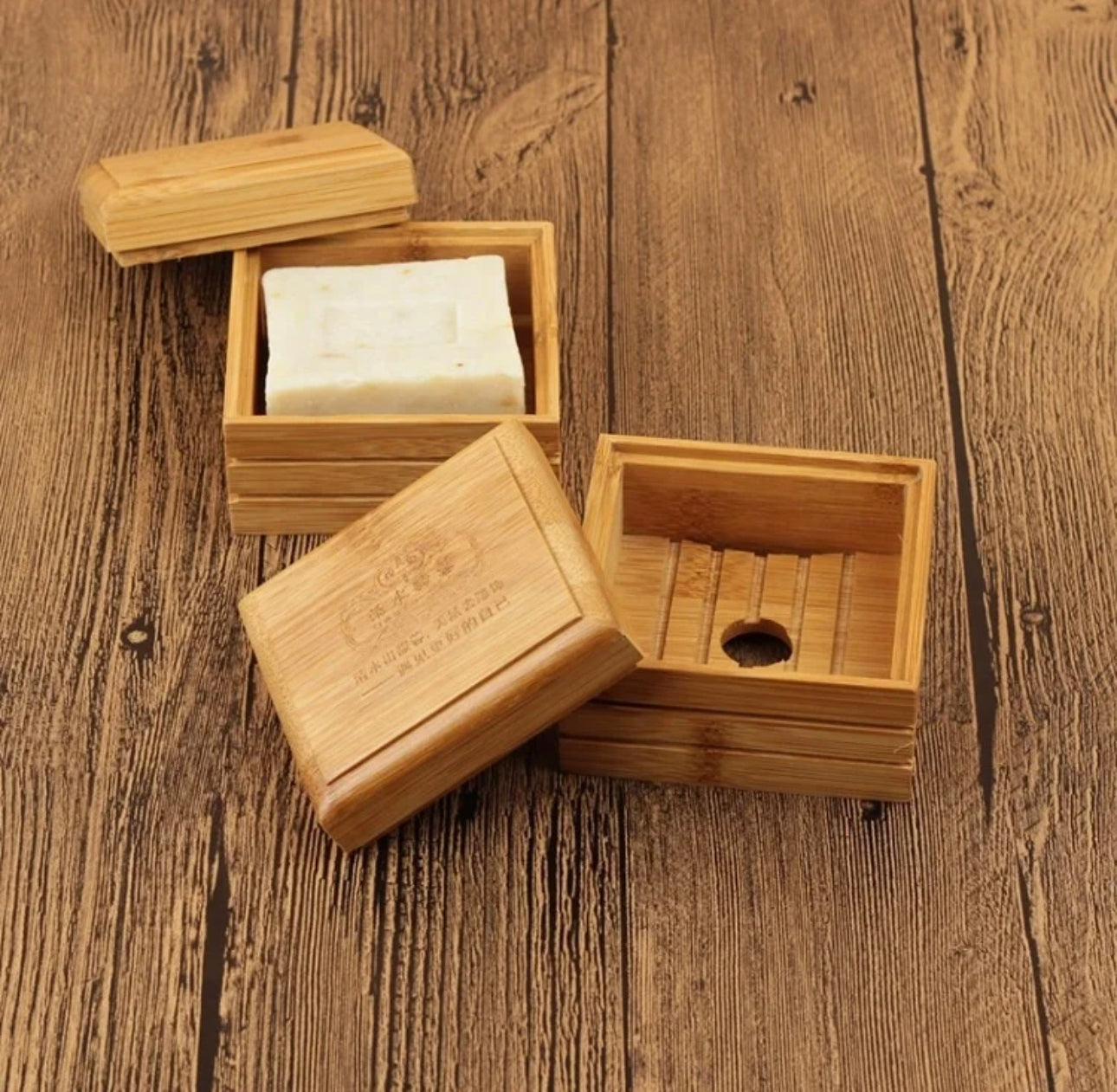 Natural Bamboo Soap Dish Box with Case Lid and Drain Holder Available Now.