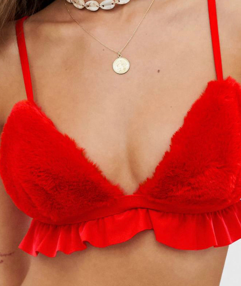 Faux Fur Trim Bikini Set in Red from our Thrift Catalog