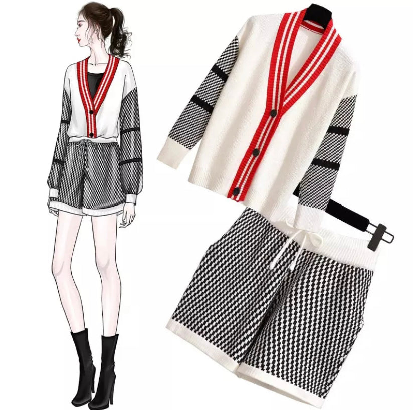 V-Neck Knitted Cardigan & Shorts Two Piece Set in Women's Clothing