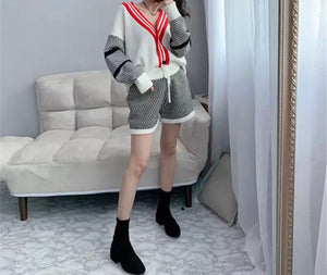 V-Neck Knitted Cardigan & Shorts Two Piece Set in Women's Clothing