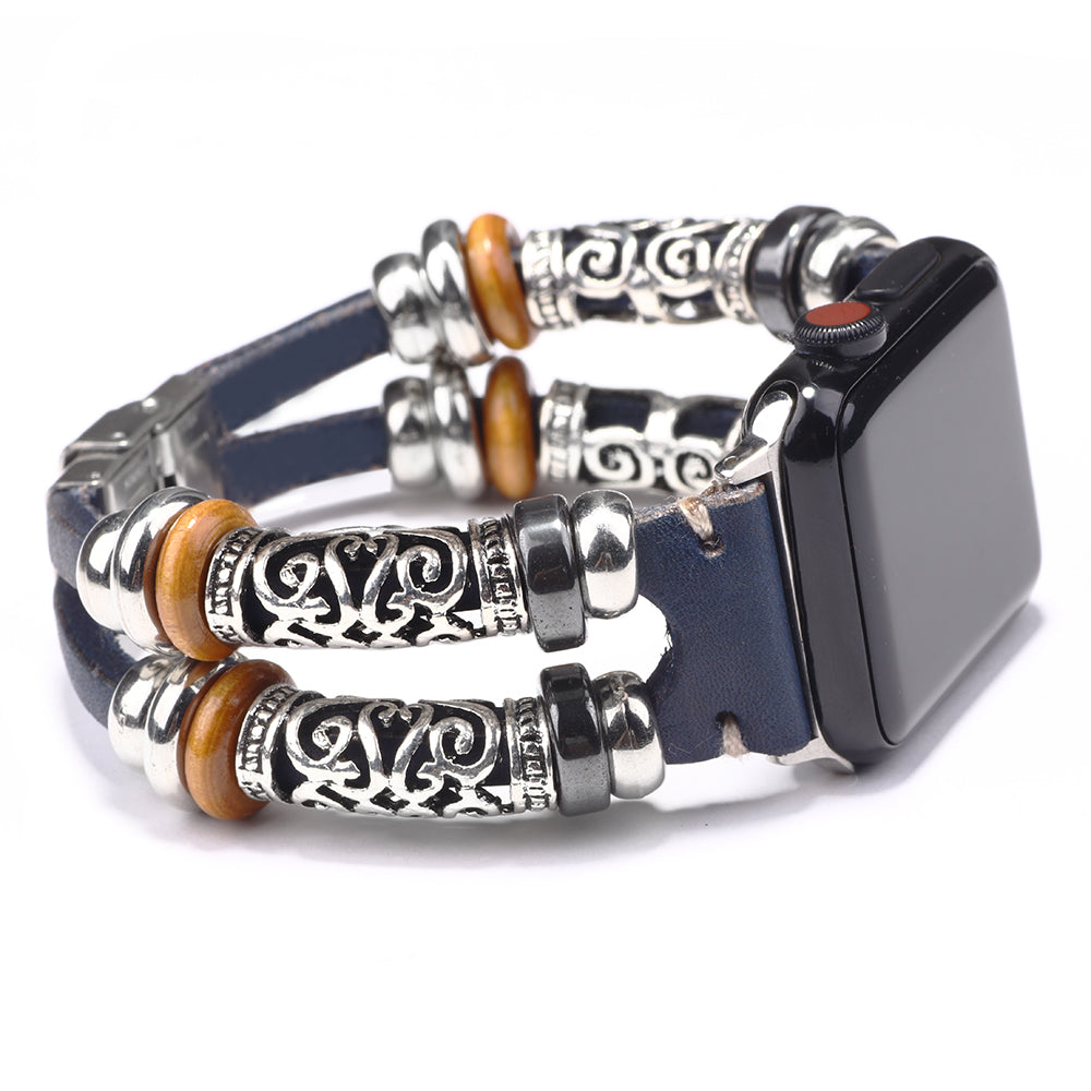 Unisex Alloy Silver Charm Genuine Leather Apple Watch Bracelet Bands
