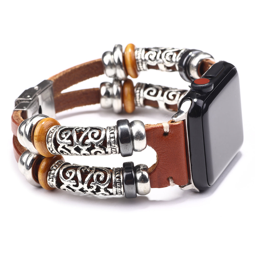Unisex Alloy Silver Charm Genuine Leather Apple Watch Bracelet Bands